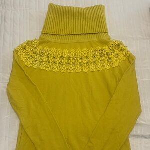 Yellow Turtleneck Sweater with Lace Detail